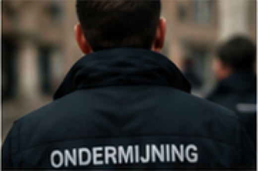 Persoon met jas waarop ondermijning staat